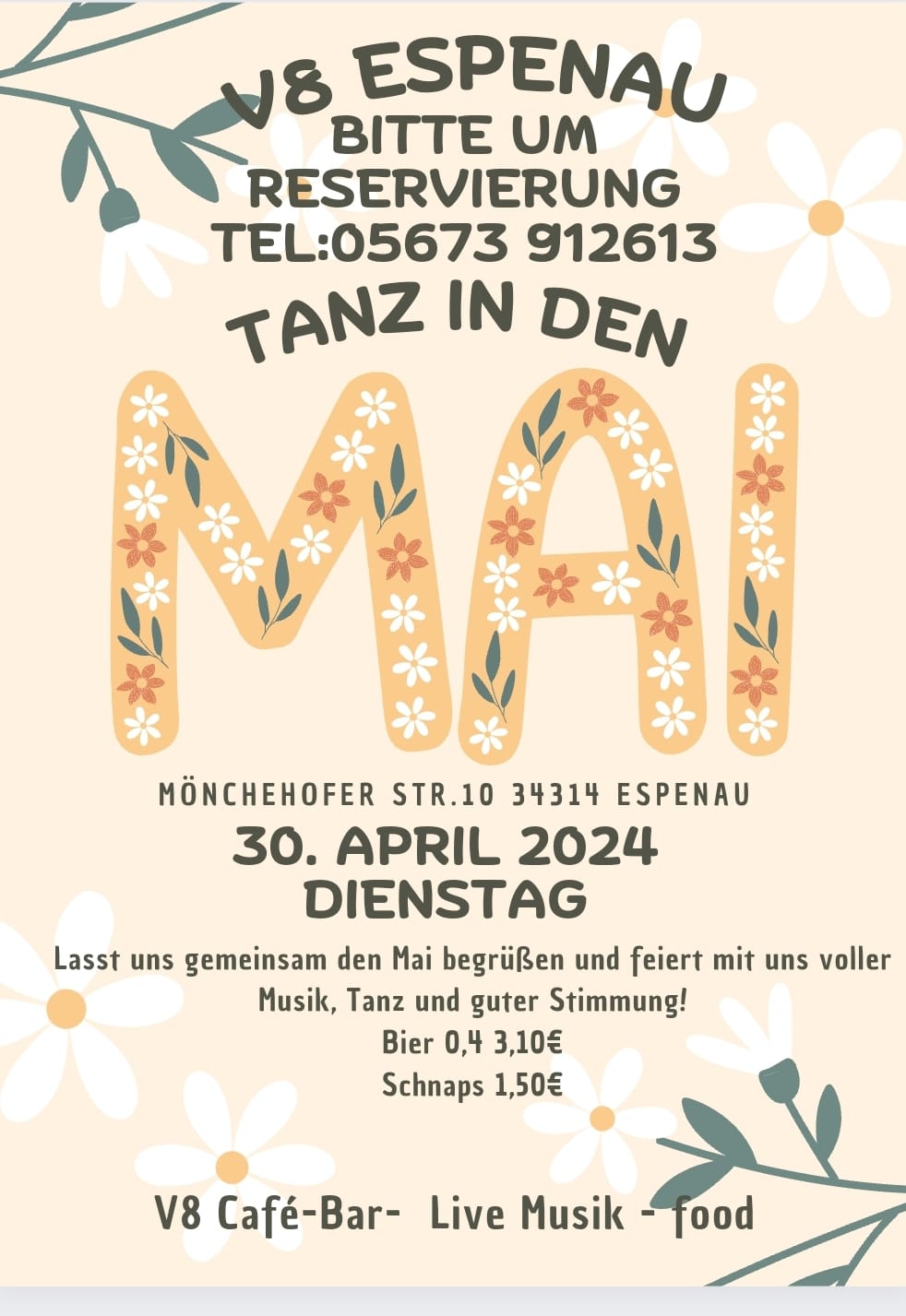 Flyer Tanz in den Mai in der Gaststätte V8