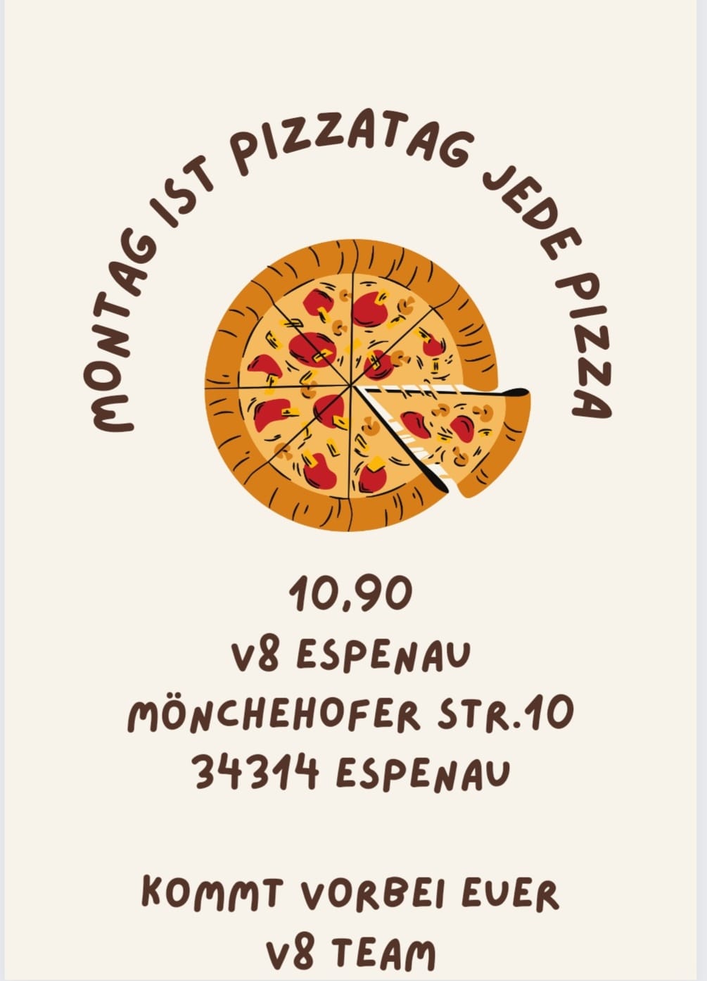 Flyer Montags ist Pizza Tag in der Gaststätte V8