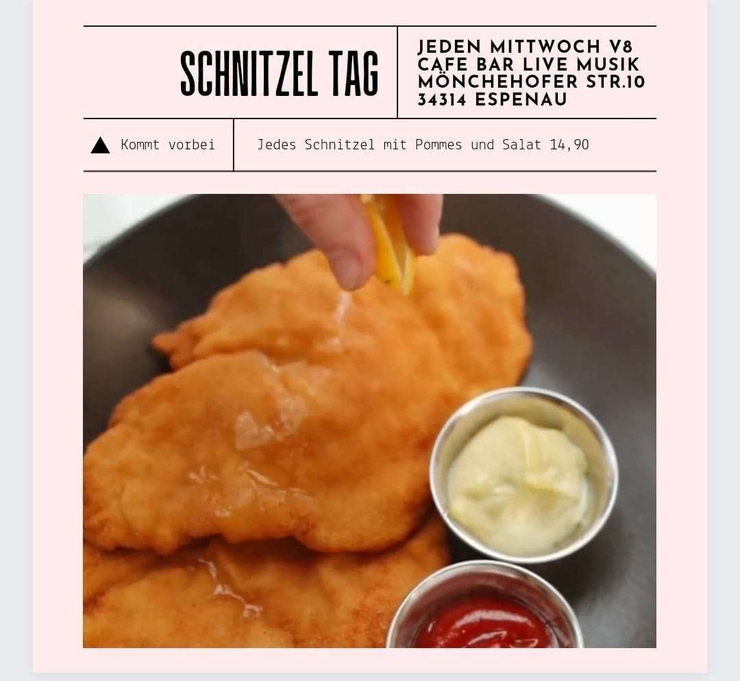 Flyer Mittwochs ist Schnitzel Tag in der Gaststätte V8